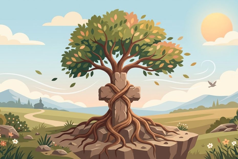 La Forza della Fede - un albero dalle radici profonde che abbraccia una roccia a forma di croce resistendo a un vento dolce